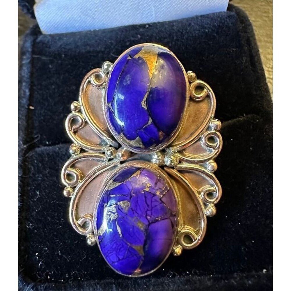 Purple Copper Dahlia Turquoise 2 Stone Pure Copper Ring Size 6